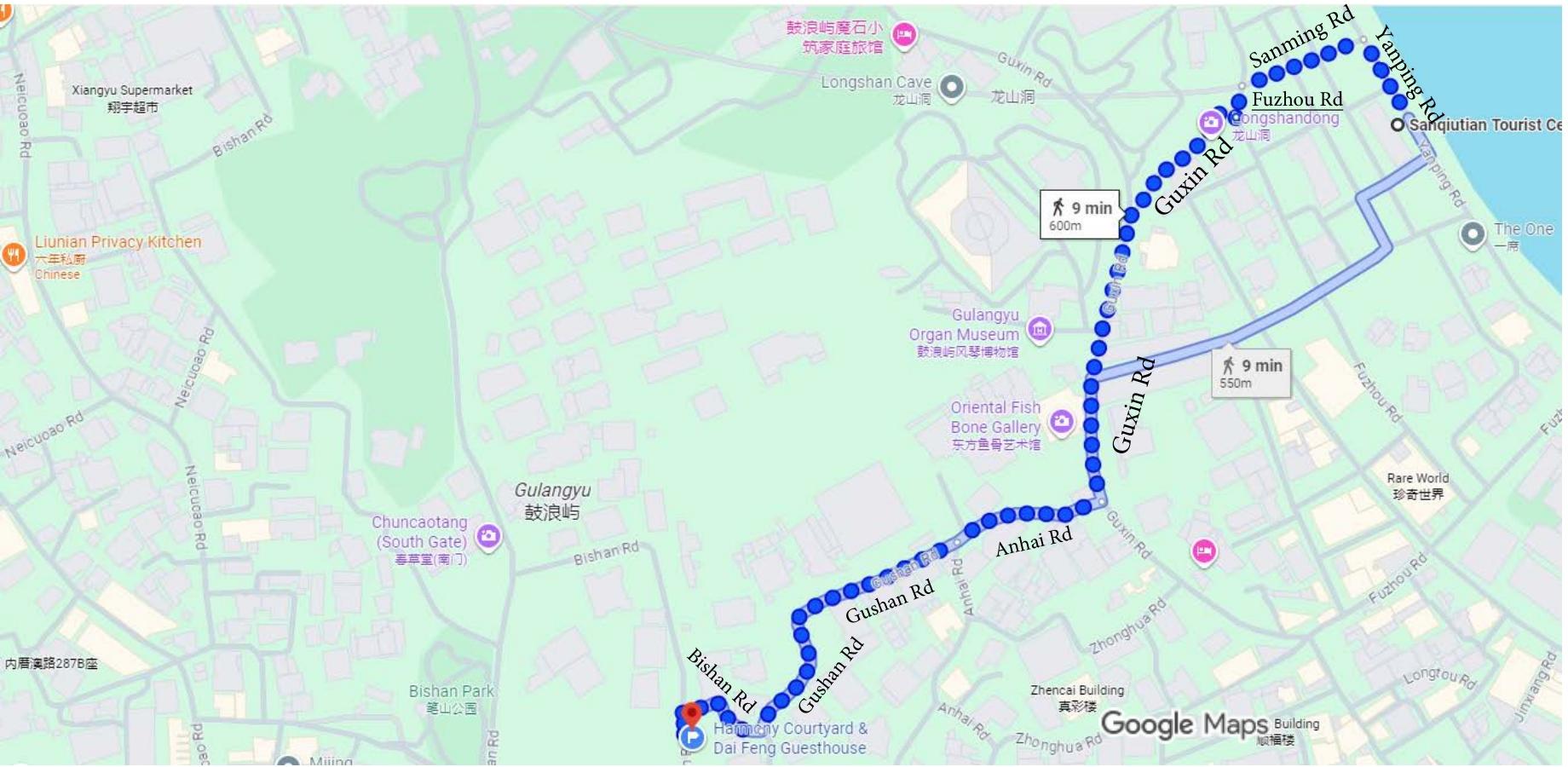 Walking Route Map from Sanqiutian Tourist Center to Harmony Courtyard